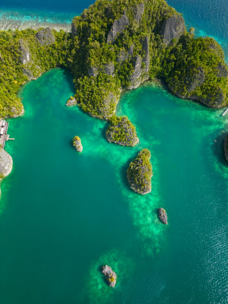 Stunning aerial capture of the vibrant turquoise sea and lush green islands in West Papua, Indonesia.